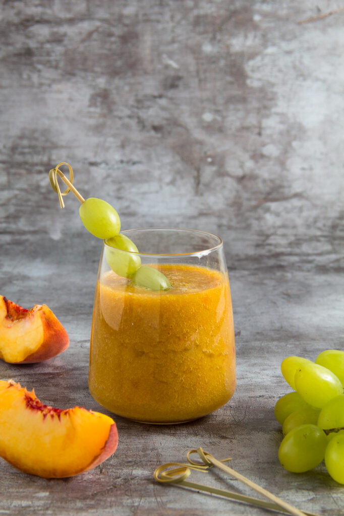 green tea, peaches and grapes in a smoothie