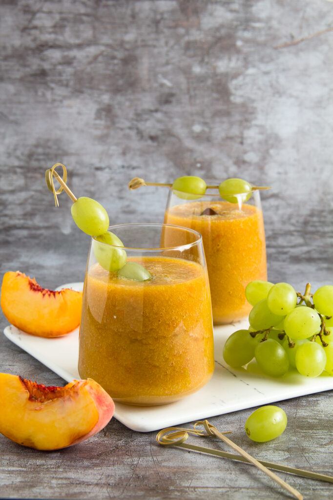 green tea, peaches and grapes in a smoothie