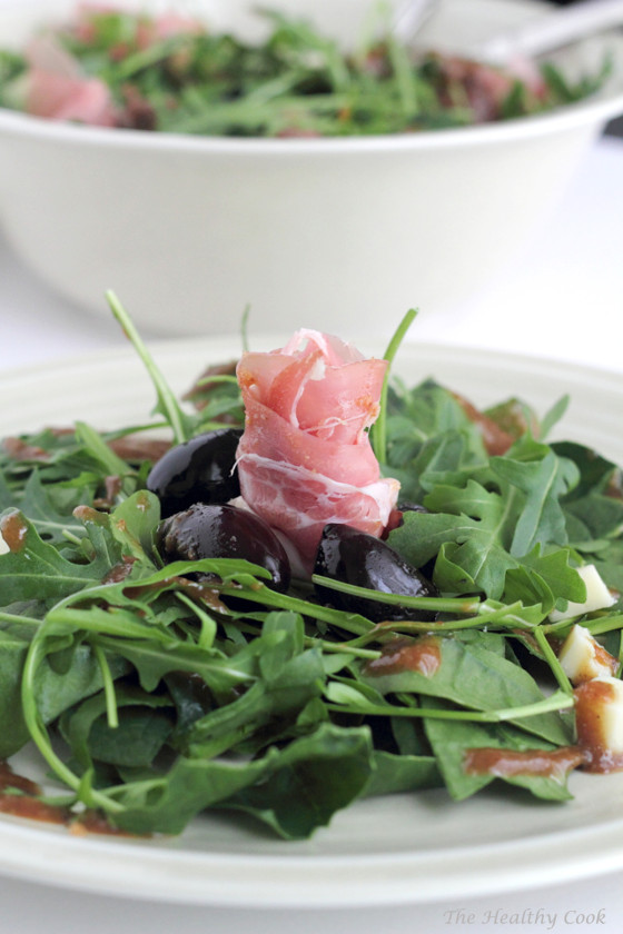 Spinach, Arugula & Prosciutto Salad with Smoked Cheese & Olive Spoon Sweet – Σαλάτα με Σπανάκι, Ρόκα, Μετσοβόνε, Προσούτο και Γλυκό Κουταλιού Ελιά